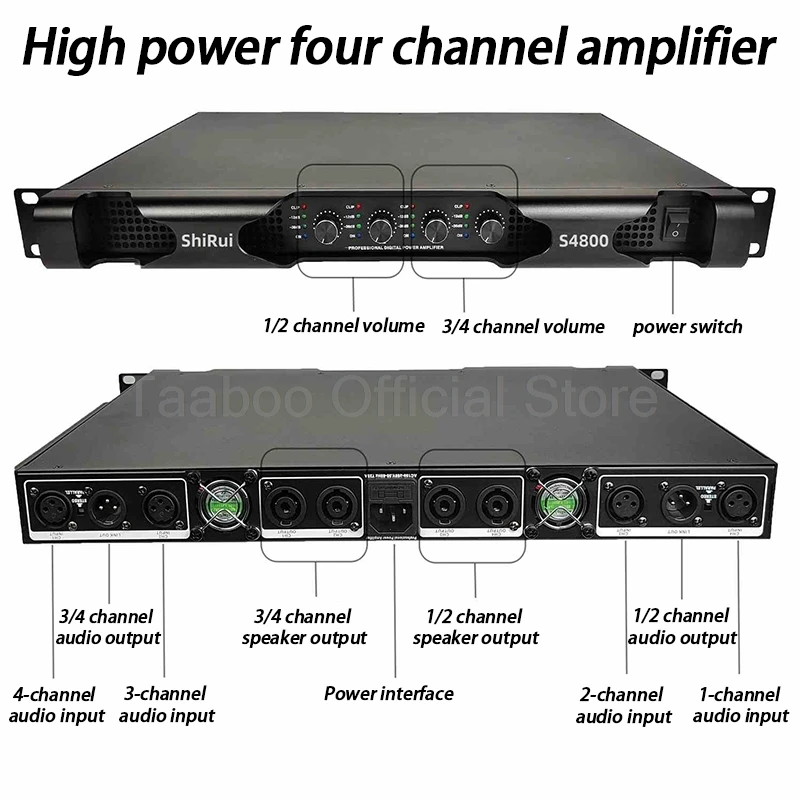 2400 Watts 2/4 Channel Post Power Amplifier Hifi High Power Professional Digital Sound Amplifier Can Drive Dual 15 inch Speakers