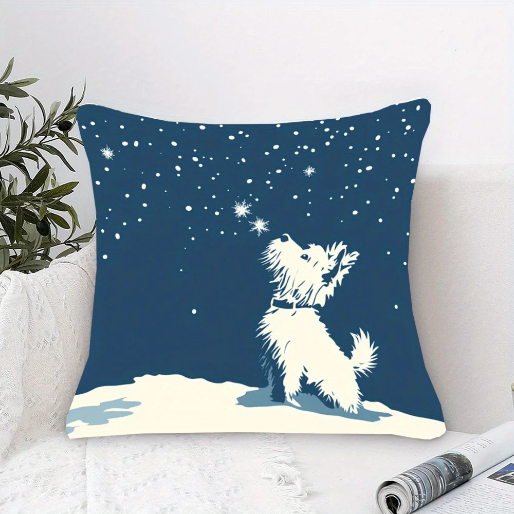 West Highland White Terrier Snowflake Double-Sided Pillowcase, Dog Silhouette Cushion Cover with Zipper, Washable Decor Case