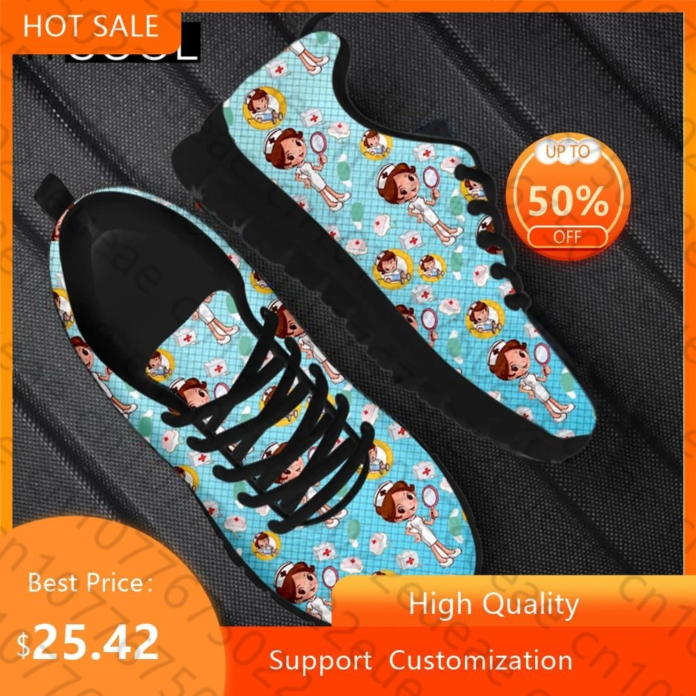 

HYCOOL Cute Cartoon Nurse Pattern Print Women Mesh Up Sports Sneakers Gym Casual Walking Running Shoes Breathable Scarpe Donna