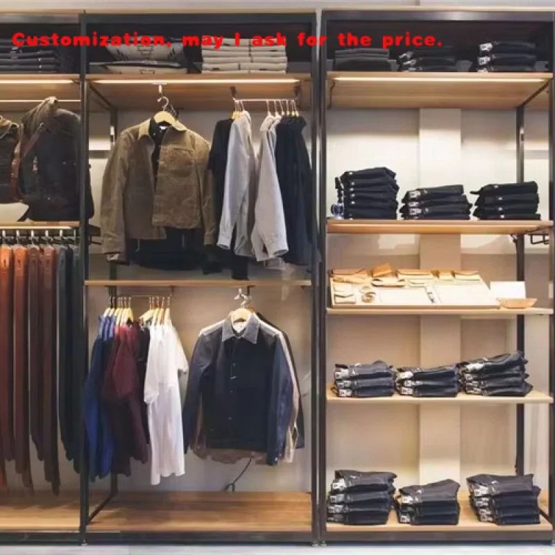 

На заказ.Современная деревянная витрина для одежды. Мужская витрина для розничного магазина с деревянной полкой.