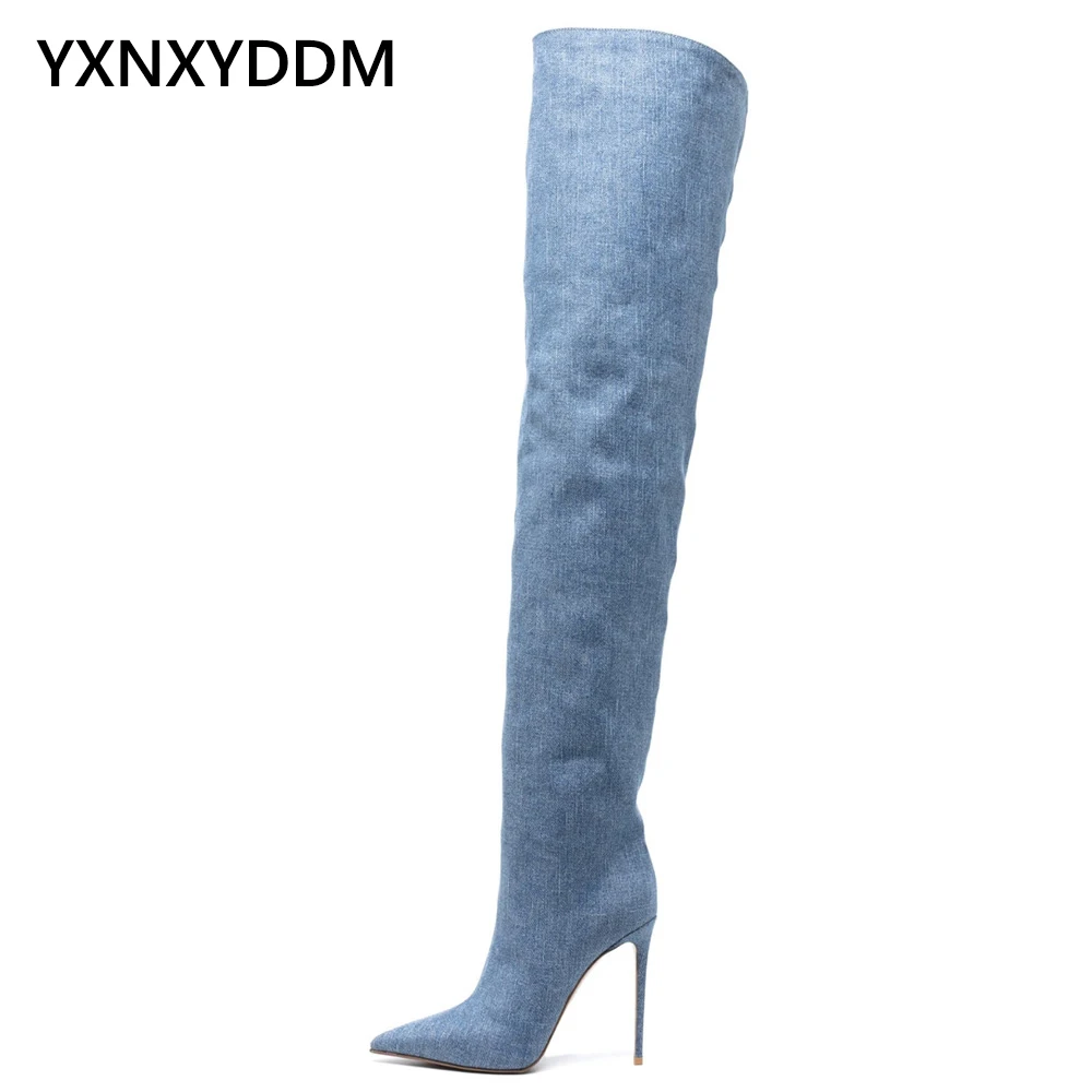 

Women's Pointed Toe Denim Cowboy Over the Knee Winter Boots Stilettos High Heel Long Boot Slip-on Thigh High Boot Large Size