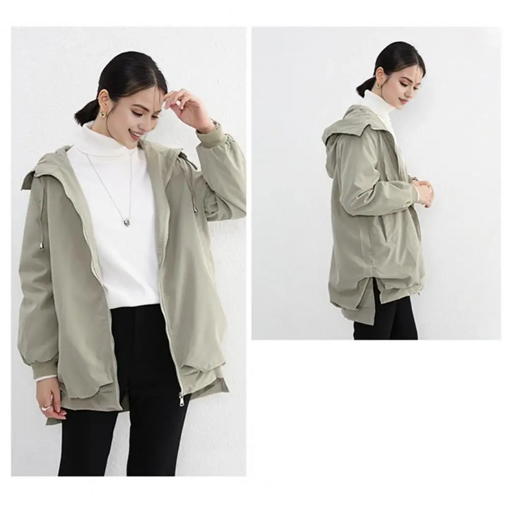 

Женская ветрозащитная куртка на молнии, однотонный кардиган с капюшоном и разрезом на подоле