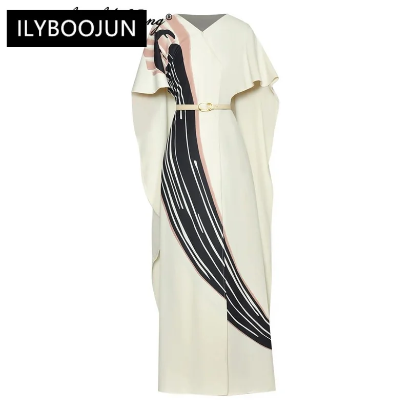 

Summer Maxi Dress V-Neck Cloak Sleeves Belt Print Elegant Party Floor-Length Dresses For Women 2023 Luxury Brand High Quality