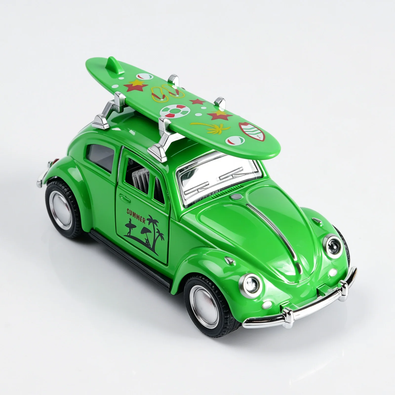 Retro Green Beetle Diecast Car, 1:36 Scale Alloy Pull-Back Model with Surfboard, Open Doors, Summer Beach Toy for Kids