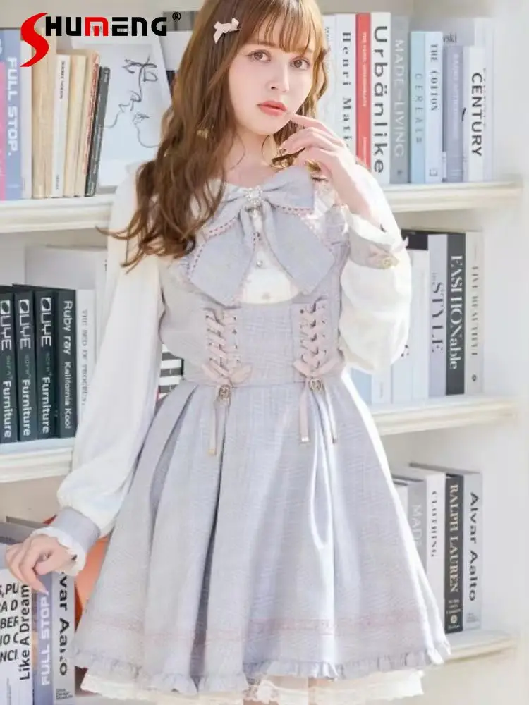 

2025 Autumn Japanese Mines Style Mass-Produced Liz Sweet Dress Navy Collar Bow Long Sleeve Lace-up Slim Lolita Short Dress Women