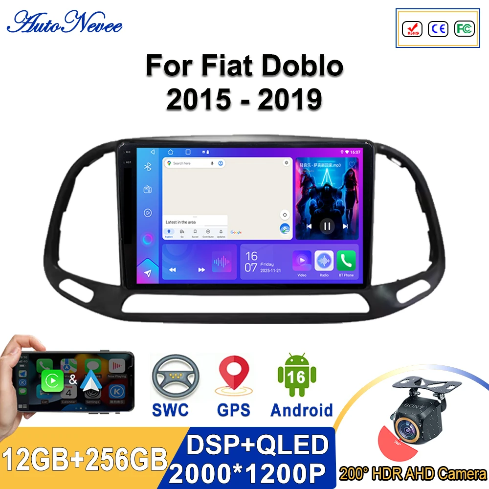 Android 16 2K Incell Screen Multimedia Stereo For Fiat Doblo 2015 - 2019 Plug and Play High-performance CPU GPS Navigation HDR