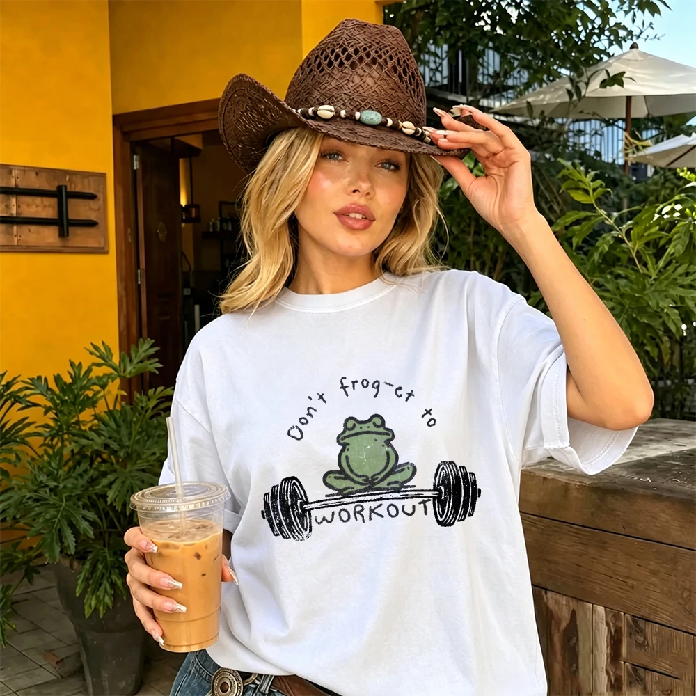 Don't Frog-et To Workout Weightlifting Frog Vintage Line Art Women Summer Cotton T Shirt Fitness Funny Amphibian Casual Tops