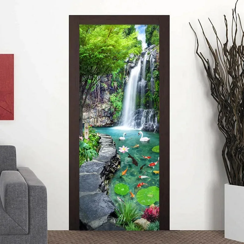 Forest waterfall landscape door decal, self-adhesive PVC decal, rustic still life, suitable for kitchens and dining rooms.