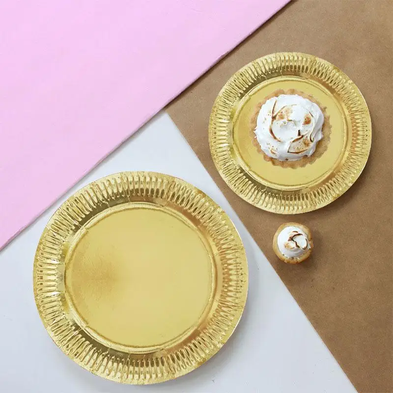 Disposable Metallic Foil Paper Plates Shiny Gold Silver Finish Sturdy Build For Weddings Birthday Parties Festive Gatherings