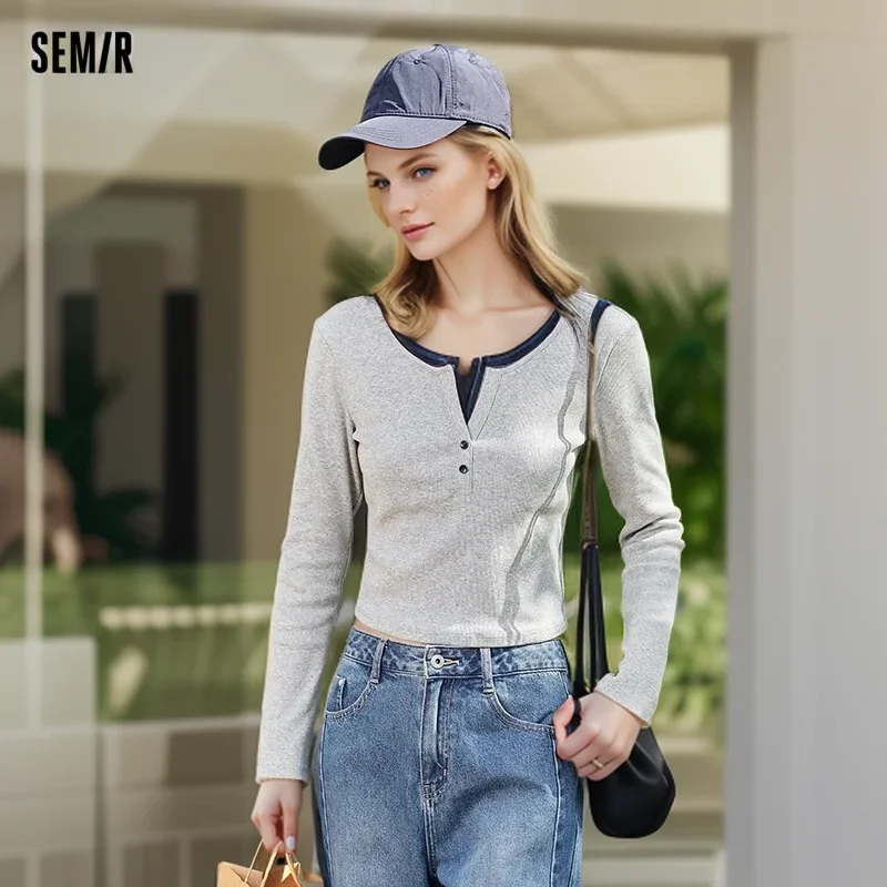 Semir 2024 Long-Sleeved T-Shirt Women Short Fake Two-Piece Bm Style New Spring Color Matching Tight-Fitting Shoulder Sweater