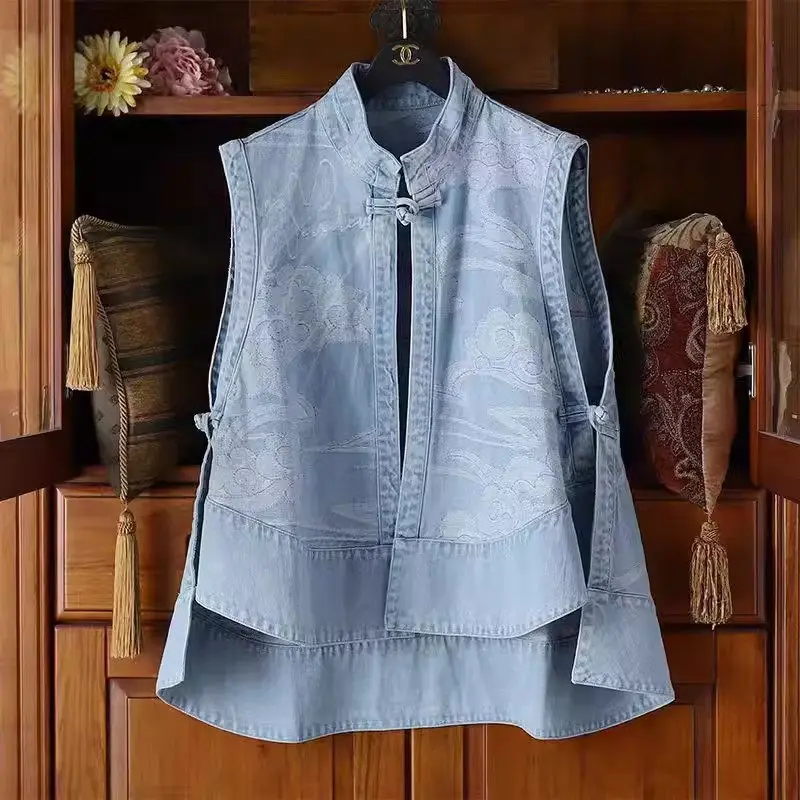 Ethnic Style Chinese Buckle Denim Vest Outerwear 2024 Autumn Large Size Qipao Top For Women Sleeveless Cardigan Jacket K1905