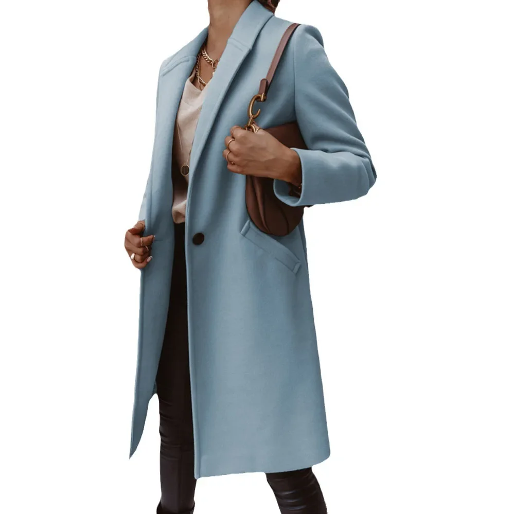 

2025 autumn and winter solid color lapel medium and long button woolen coat coat women