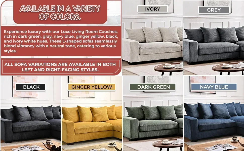 أرائك مقطعية كبيرة الحجم من Luxe لغرفة المعيشة، أريكة على شكل حرف L مع كرسي، منجدة بقماش سروال قصير