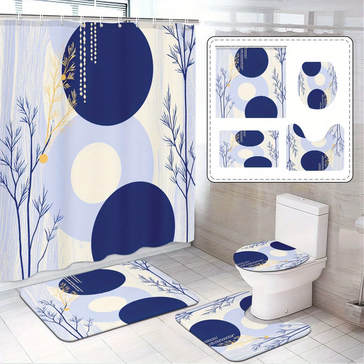 

4pc art pattern bathroom set includes shower curtain with hooks, non-slip mat, toilet seat cover, and non-slip mat.