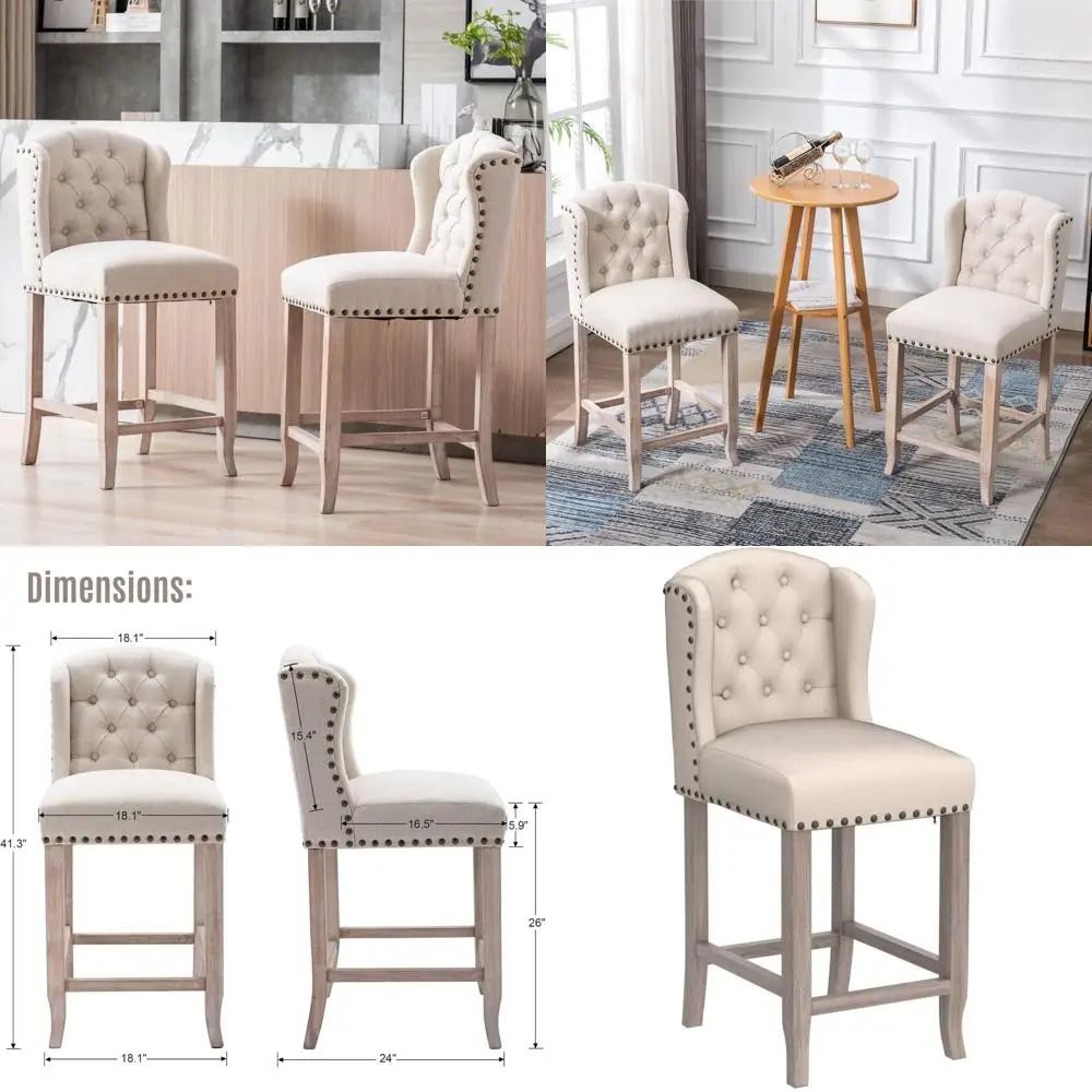 

Набор из 2 льняных стульев для барной стойки с обивкой, пуговицами, изогнутой спинкой, деревянными ножками и декоративной отделкой гвоздями для кухни или домашнего бара