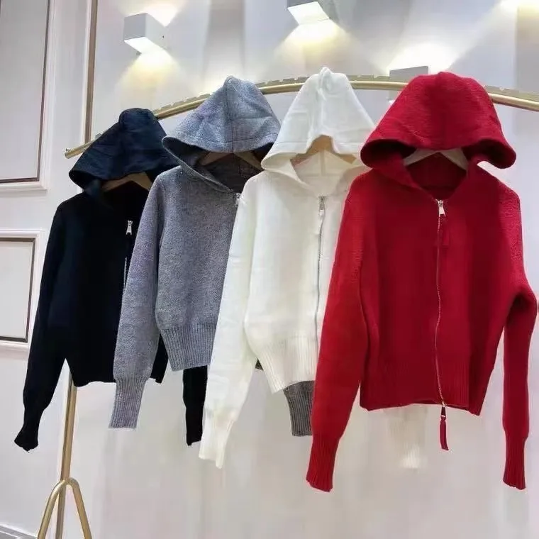 Autumn And Winter New Style Casual Fashion Double Zipper Hooded Knitted Sweater Cardigan Long-sleeved Solid Color Blouse Women