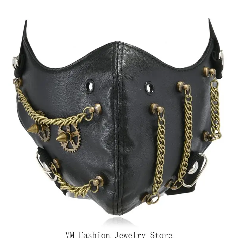 

D0UB Практичная маска из искусственной кожи с заклепками и цепочкой для ролевых игр для тематических вечеринок на Хэллоуин