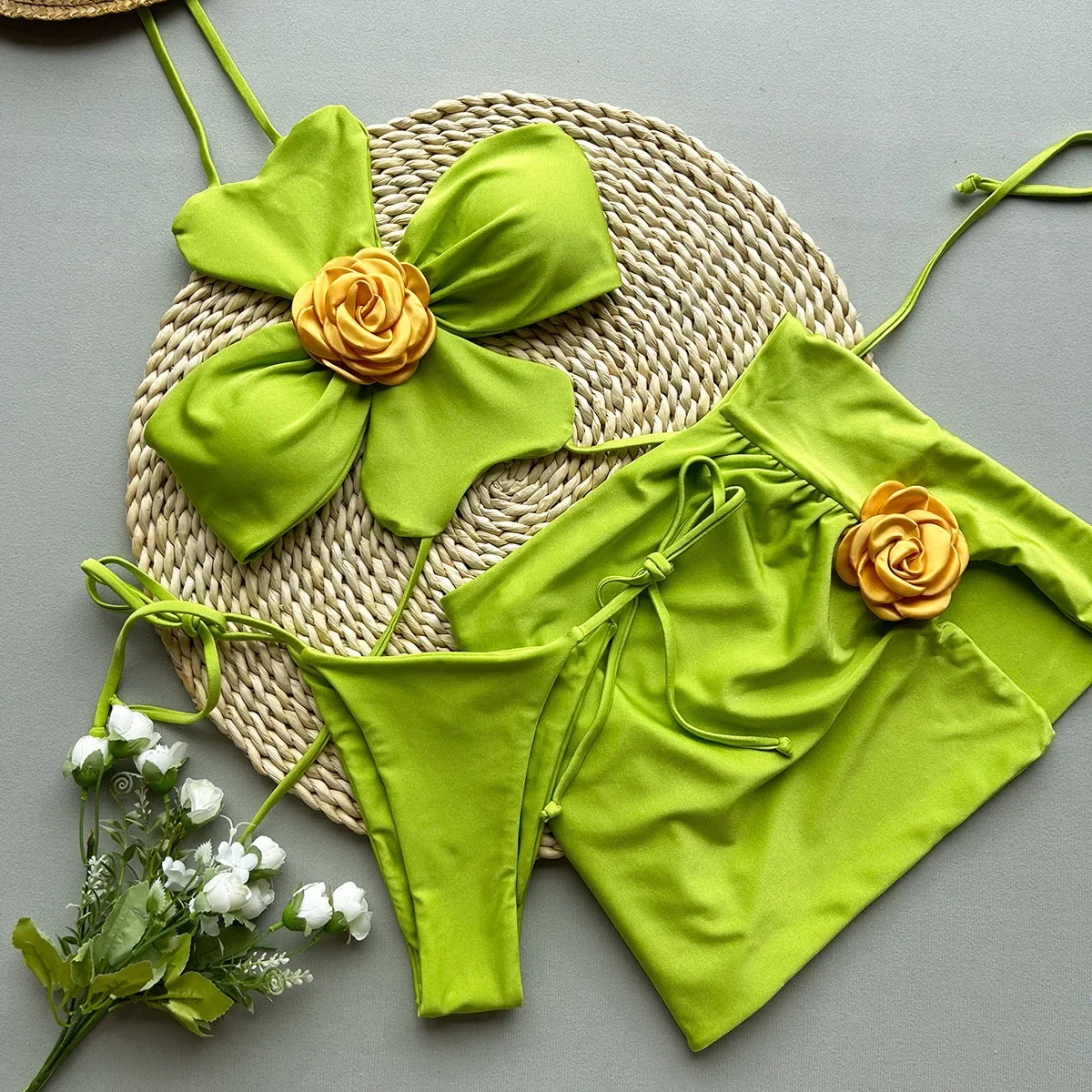 

3 Pieces Bikini 2025 Sexy Women Swimsuit Swimwear Female Floral Skirt Cover Up Bikini Set Beachwear Bathing Suit Swimming Suit