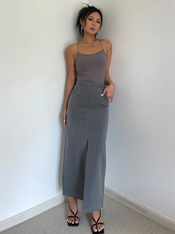 WOMENGAGA Retro High Waist Half Skirt Girl Bifurcate Slim A-LINE Gray Skirts Fashion American Spicy Girls 2023 New 5P2F