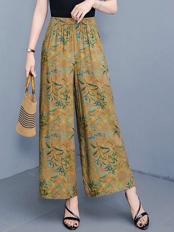 Pantalones de pierna ancha de cintura alta para mujer, pantalones fluidos cómodos e informales, pantalones de playa con estampado Floral de tendencia con bolsillos E8906