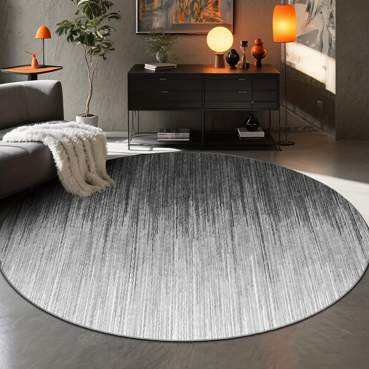 Minimalist Grey Black Concentric Rings Shadow Gradient Round Carpet For Zen Meditation Space Featuring Calm Rhythm Carpet Flow