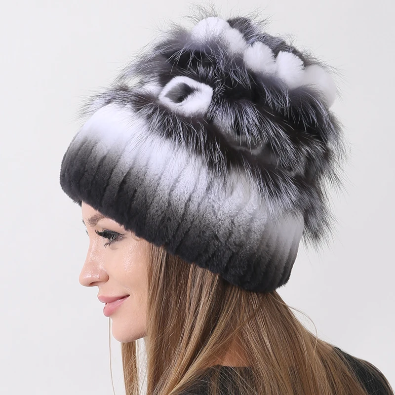 Winter Hat Women Warm Floral Rex Rabbit Fox Fur Hat Elastic Thick Elegant Striped Fluffy Knit Real Fur Hat