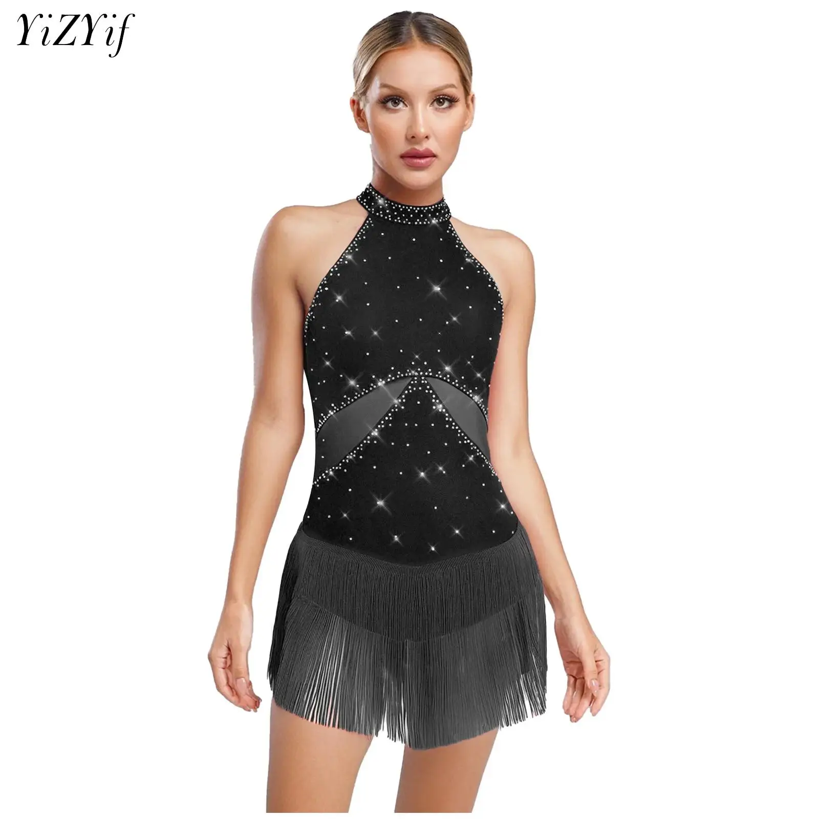 

Women Sleeveless Tassel Leotard Dress Rhinestone Latin Dance Bodysuit for Ballroom Rumba Cha-cha Tango Samba Skating Gymnastics