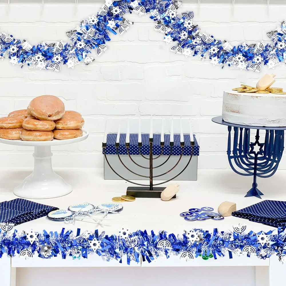 هانوكا بهرج جارلاند أزرق معدني تويست فويل بهرج جارلاند مع الشمعدان الفضي ونجمة داود الحلي إكليل معلق #3