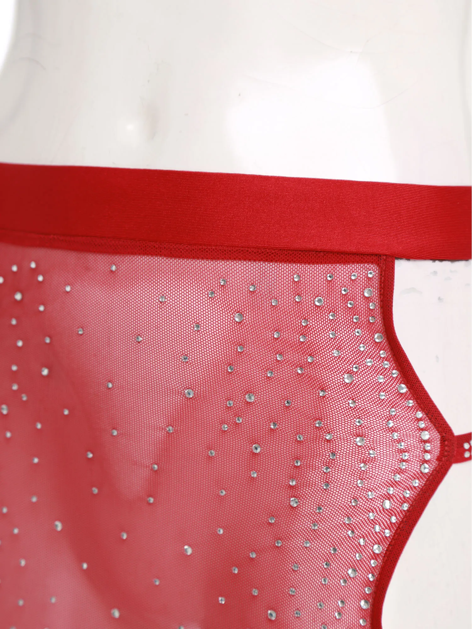 Women Sheer Mesh Sparkly Rhinestones Miniskirt Elastic Waist Side Cutout See Through Bodycon Skirt Rave Dance Party Clubwear