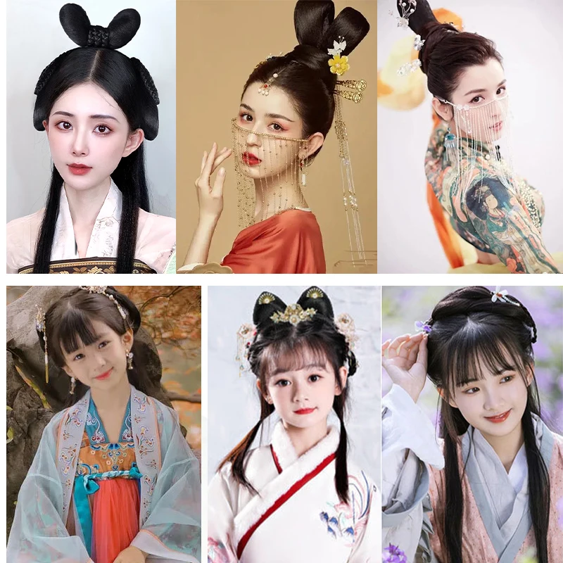 JINKAILI Women Synthetic Hanfu Headband Hair Extension Chinese Style Cosplay Antique Hairpiece Hair Accessories Headdress Black