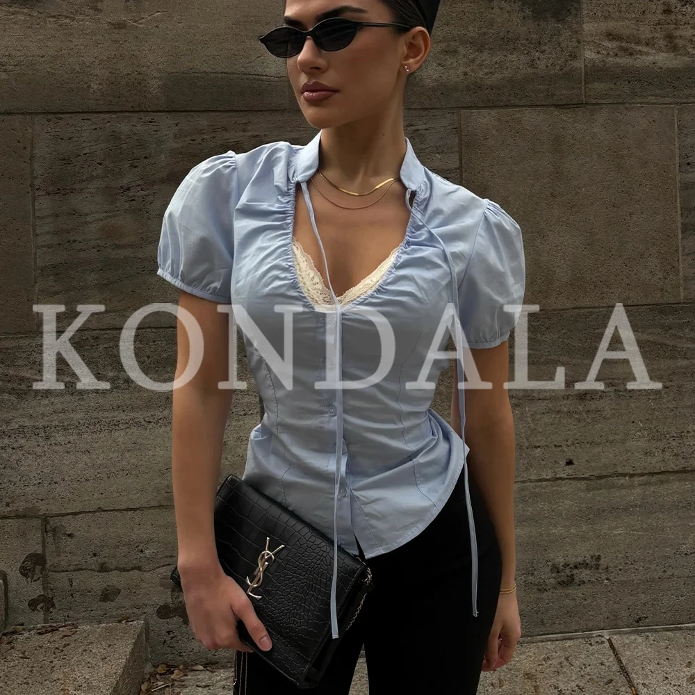 

KONDALA 2026 Spring Summer Casual Shirring Puff Sleeve Women Shirts Fashion Blue Beach Style Going Out Ladies Short Shirts