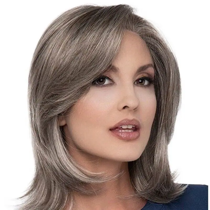 

100% Human Hair New Women's Short Gray Straight Full Wigs