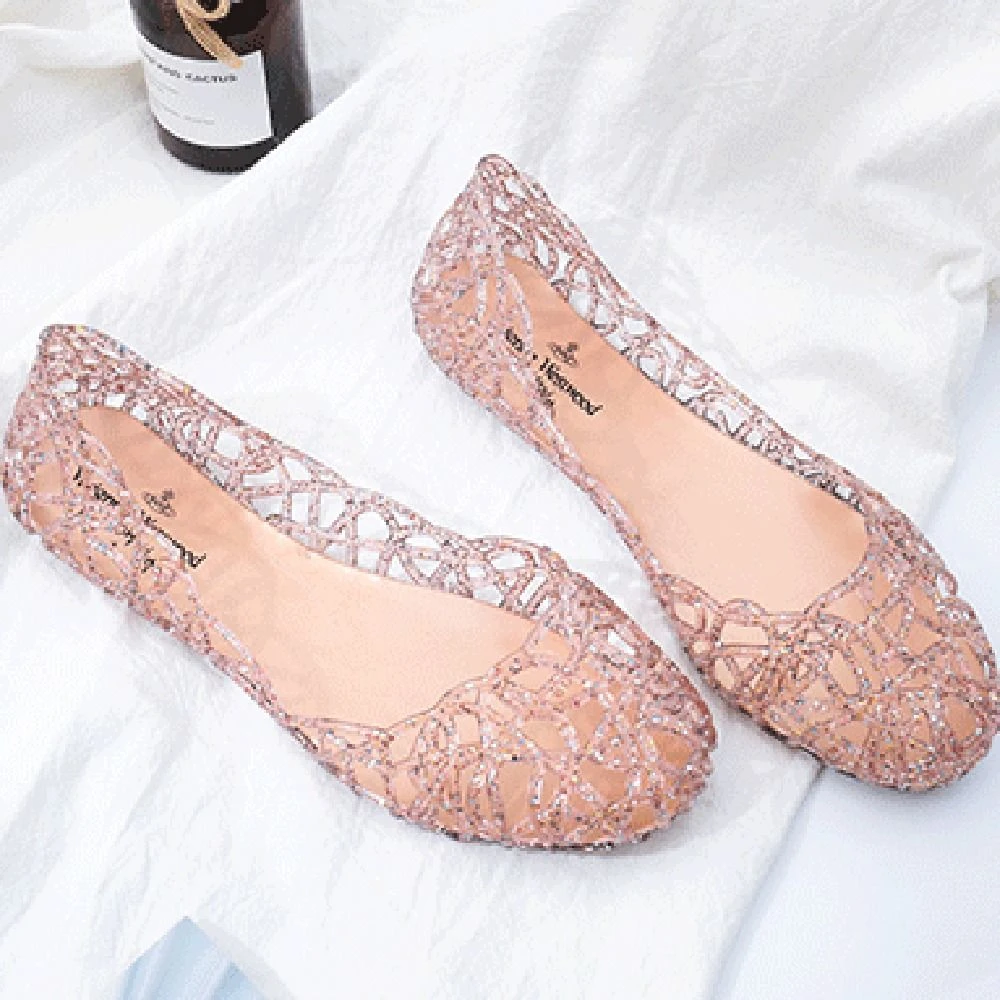 캐주얼 플랫솔 여성 샌들, 속이 비치는 투명 비치 젤리 슈즈, 얕은 앞코 통기성 블링 샌들 풋웨어