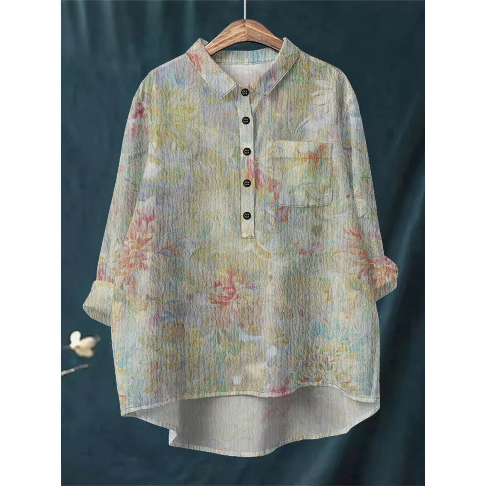 Elegant French Romance Floral Print Blouse Women's Long Sleeve Shirt Half Button Down Top with Asymmetrical Hem Soft Casual Tops
