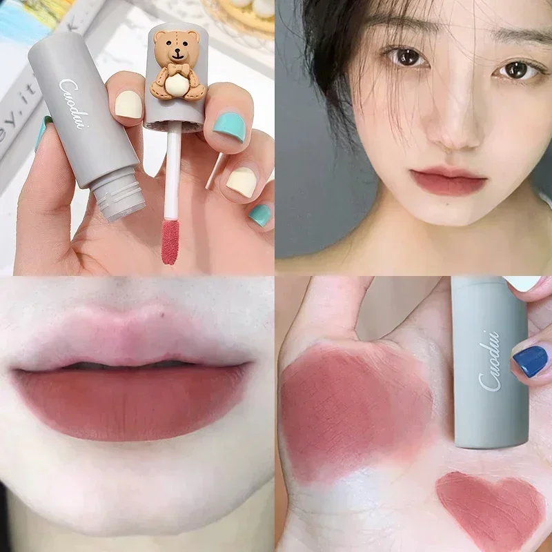 Girl\'s Velvet Matte Lipstick Blush Waterproof Long Lasting Cute Bear Lipgloss Non-Stick Cup Makeup Lip Tint Mud Cosmetic Makeup