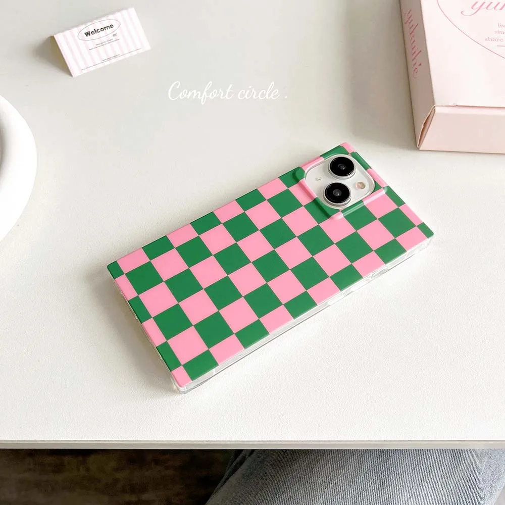 Rectangle Pink Green Cube imd Pattern Case For iPhone 17 16 15 14 13 Pro Max Thick Shockproof Soft TPU Cover Skin