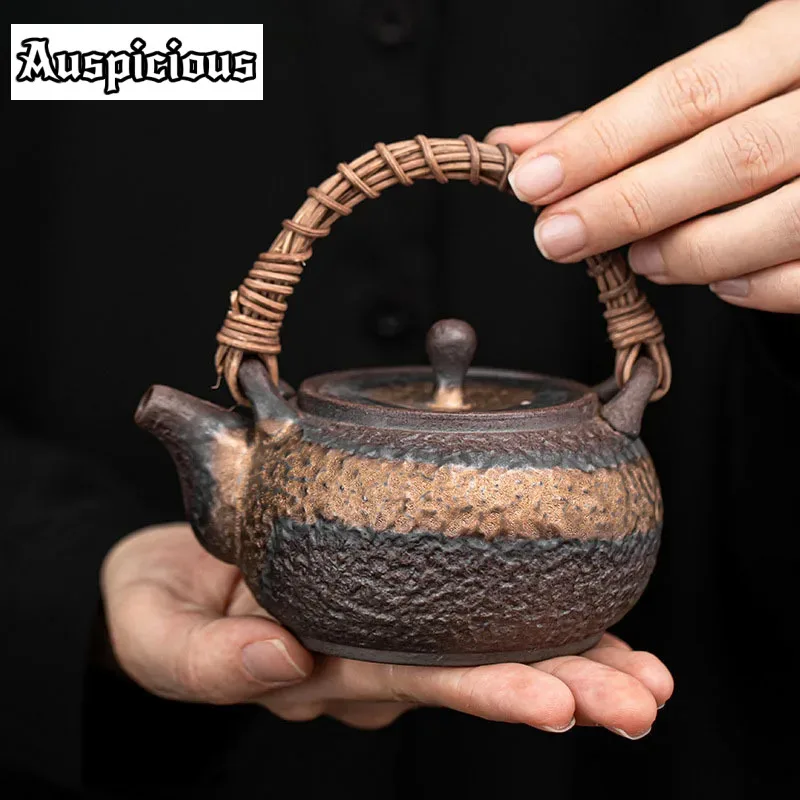 250ml Japanese Gilding Iron Glaze Rattan Loop Steel Teapot Vintage Small Ceramic Kung Fu Tea Ceremony Teapot Single Kettle