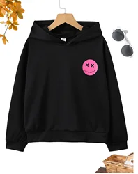 Spring and autumn Children's girls Academy style loose black hoodie letter smiley face hot, hooded long sleeve cute sweet top