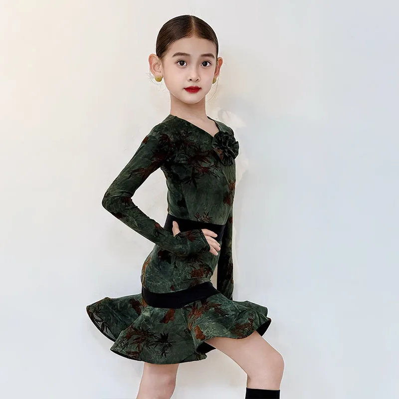 Dziecięce stroje do tańca latynoamerykańskiego dla dziewczynek, zielona sukienka z długim rękawem i fiszbinami, kostiumy do występów, odzież do ćwiczeń tańca cha-cha, DNV25775