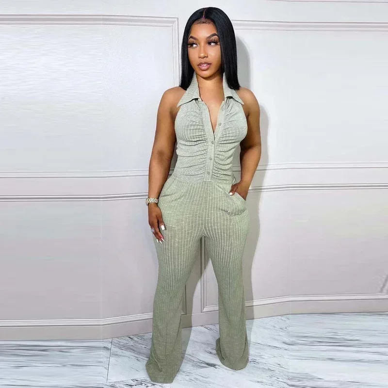 GUWU Turn Down Collar Halter Sexy Jumpsuit Pocket Knitted Ribbed Backless Skinny Bodycon Rompers Clubwear Overalls