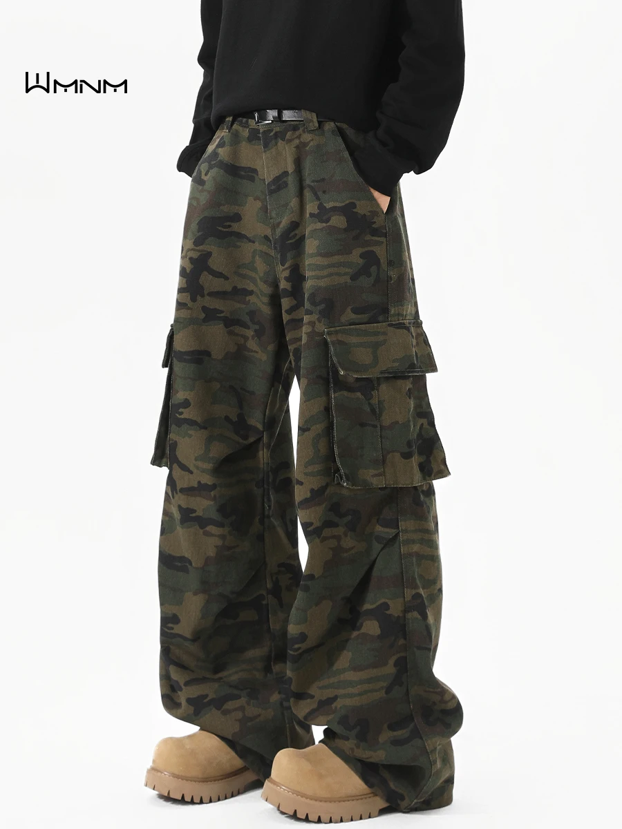 

Мужские винтажные камуфляжные рабочие брюки American Sle, свободные повседневные брюки с широкими штанинами и складками, осенние, с множеством карманов, свободного кроя