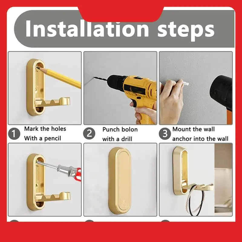 Compact 4PCS Gold Foldable Hooks For Wall, Bathroom, Kitchen, And Bedroom Enhancements
