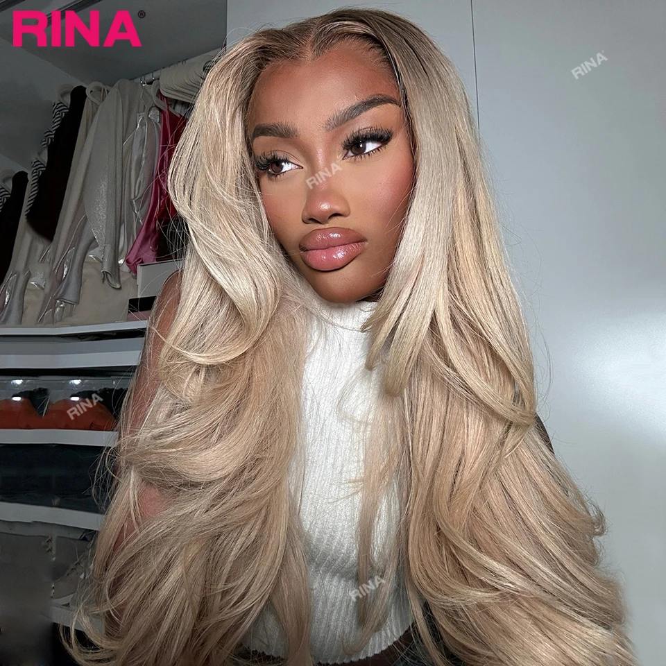 Brown Root Ash Blonde Straight 13X4 13x6 Lace Frontal Human Hair Wigs Transparent Lace 180 Density Ombre Blonde 5x5 Lace Closure