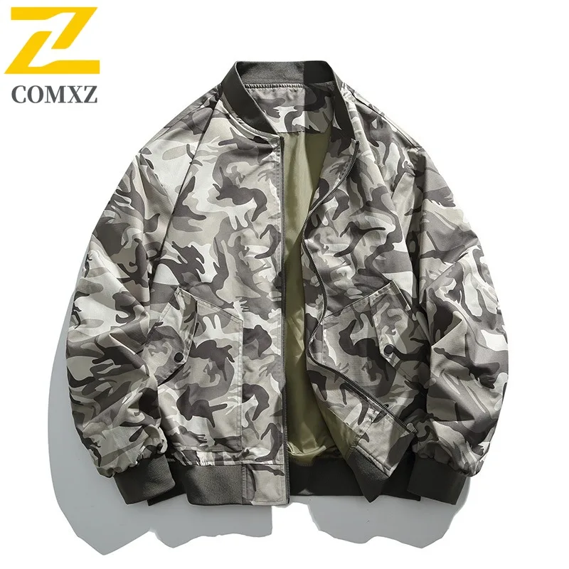 

COMXZ 2025 Men Flight Jacket Two Way Opening Loose Fit Solid Color Casual Coat Autumn Winter Fashion Trendy