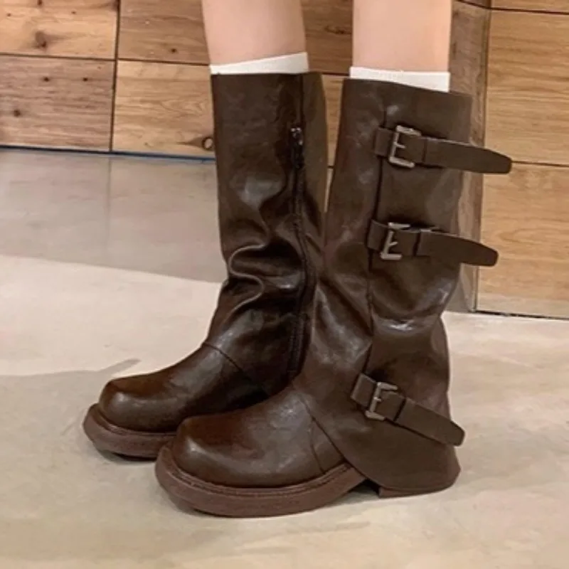 

Винтажные женские сапоги до середины икры с пряжками и ремешками, удобная мягкая кожаная модная осенняя обувь в западном ковбойском стиле на толстой подошве