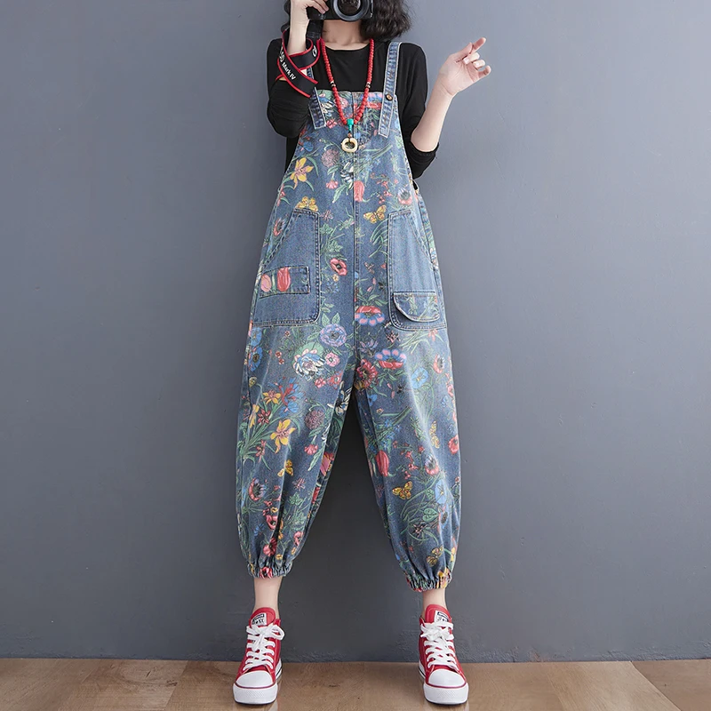 Trendy Large Size Denim Overalls Print High Waist Spring Season Fashionable Personalized Deep Blue Nine Points Bib Overalls