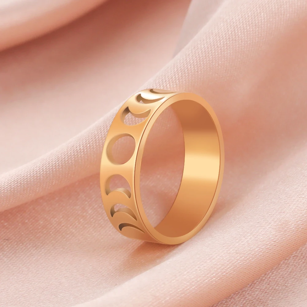 JDZQJ Unique Phase of the Moon Stainless Steel Rings for Women Gold Plated Crescent Moon 2023 Fashion Jewelry Gifts Wholesale