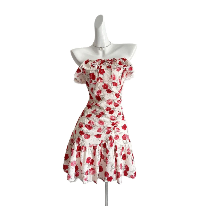 

Rose Island Vacation White Retro Red Floral Dress Waist Summer Beautiful Small Fly Sleeve Skirt Gentle Elegant Fashions Charming