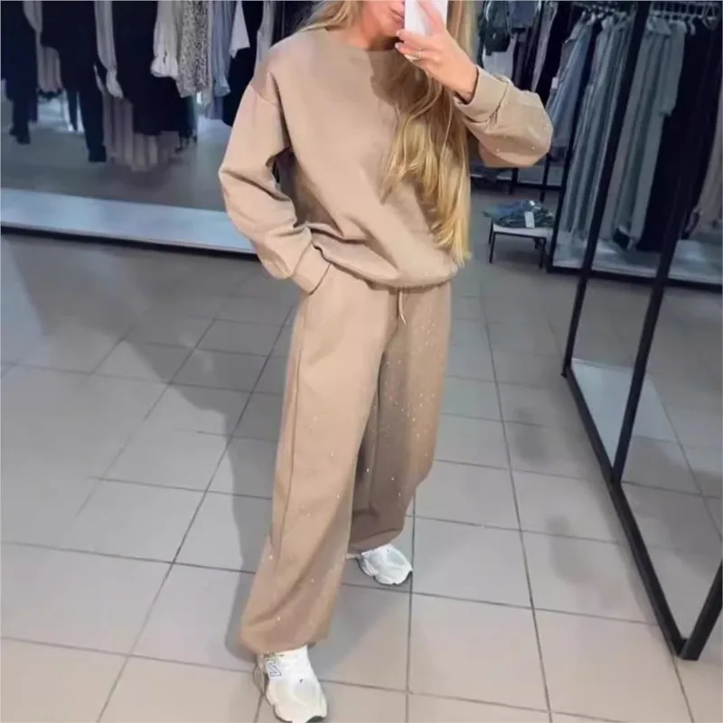 السراويل النسائية دعوى الخريف جديد س الرقبة الساخن الماس بأكمام طويلة تي شيرت الرباط Sweatpants السيدات المألوف 2 قطعة مجموعات