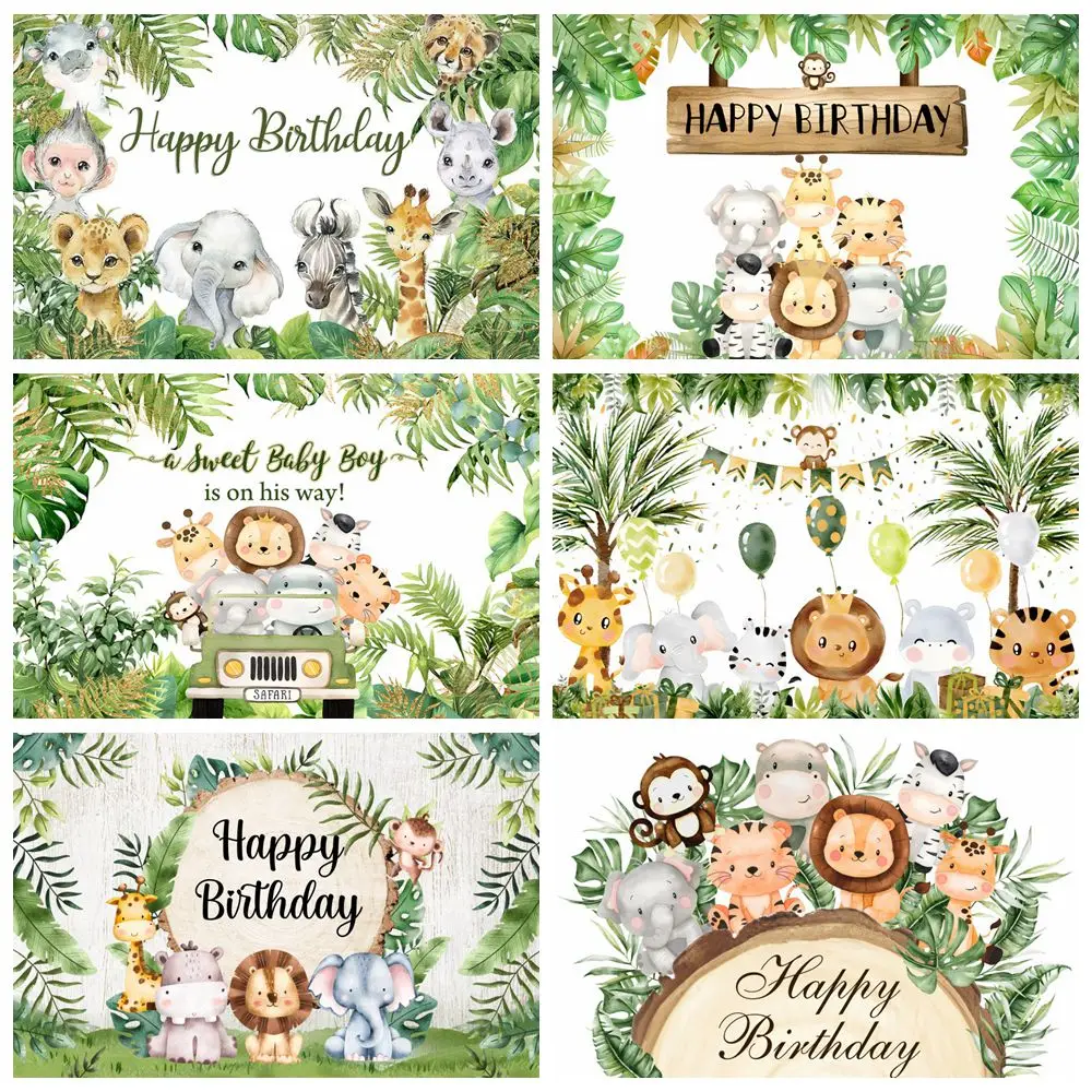 Safari Animals Backdrop Tropical Jungle Forest Green Leaves Wild One Baby Shower Birthday Party Photography Background Decor